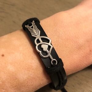Black Synthetic Leather Bracelet with Silver Tone Heart Arrow Charm